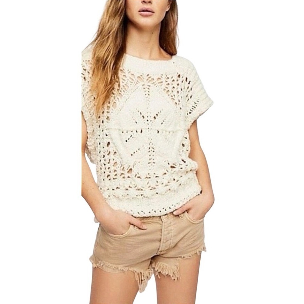 Free People Crochet Boho Ivory Sweater Short Sleeve Open Knit Medium